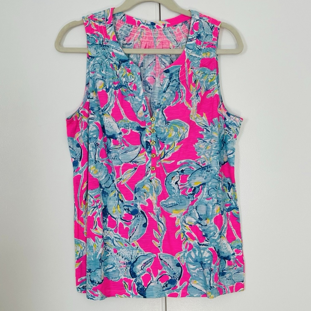 Lilly Pulitzer Essie Lobster In Love Tank Top Women's XL Pink Preppy Beach